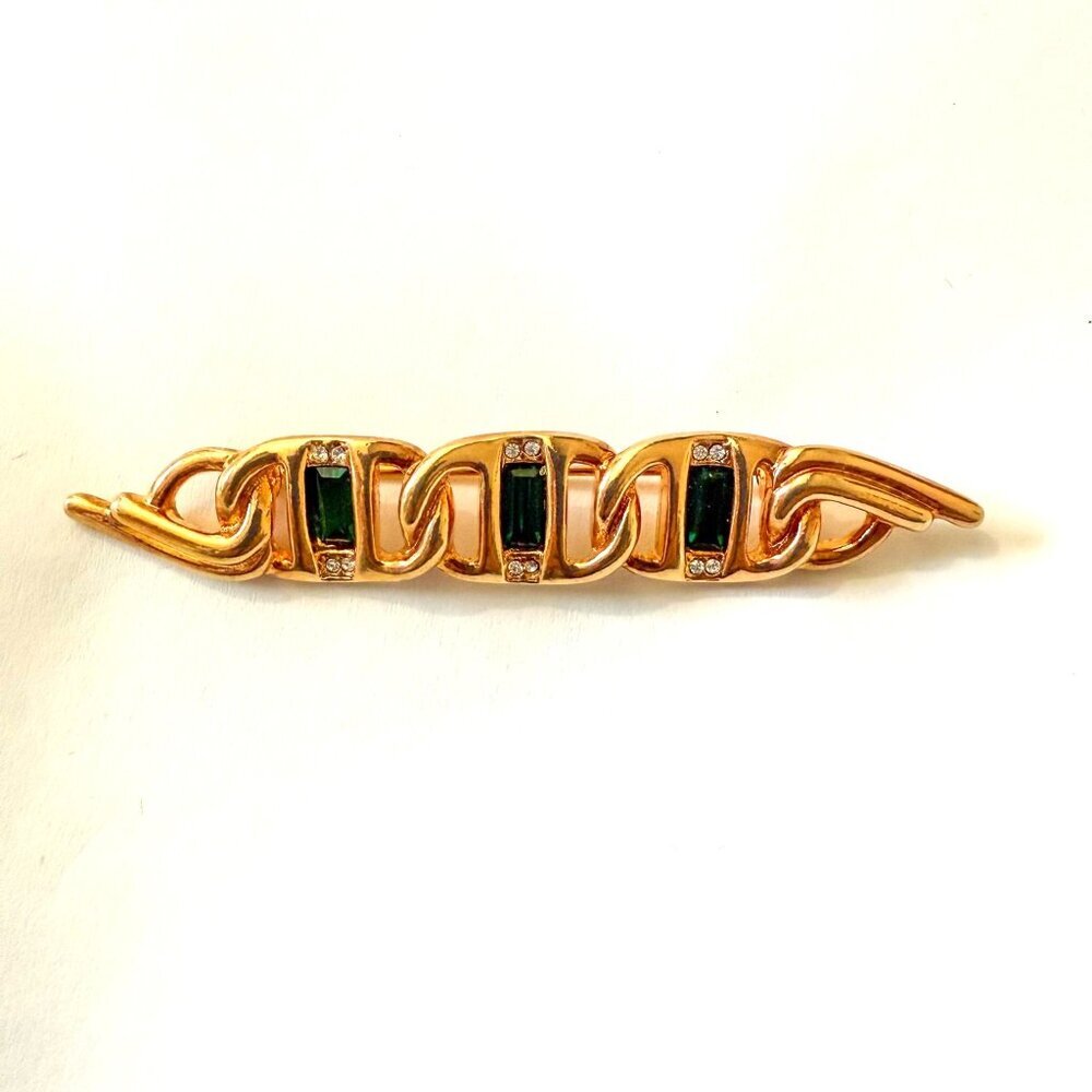 Swarovski Gold Tone Chain Link Brooch With Green Baguette Crystals & Clear Accen